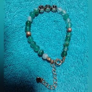 Green brass beads goldtone heart chain silvertone black mom faux jade bracelet